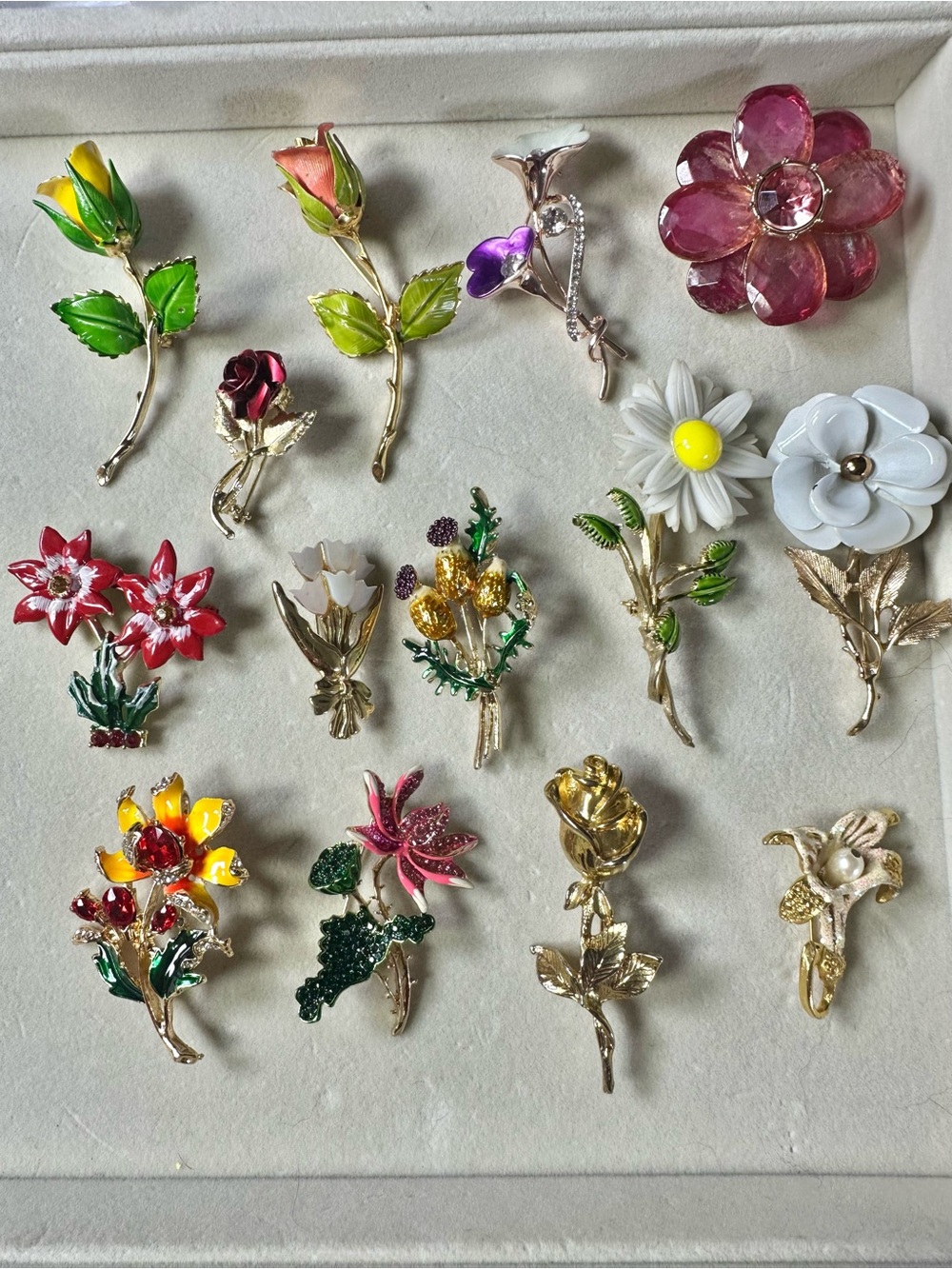 Vintage Floral Enamel Brooch Lot (14 Brooches for One Money) Some are Signed!
